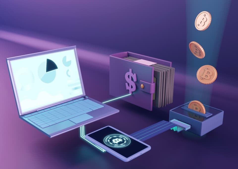 laptop with graphs, wallet with dollar sign, tablet with bitcoin and coins on purple background