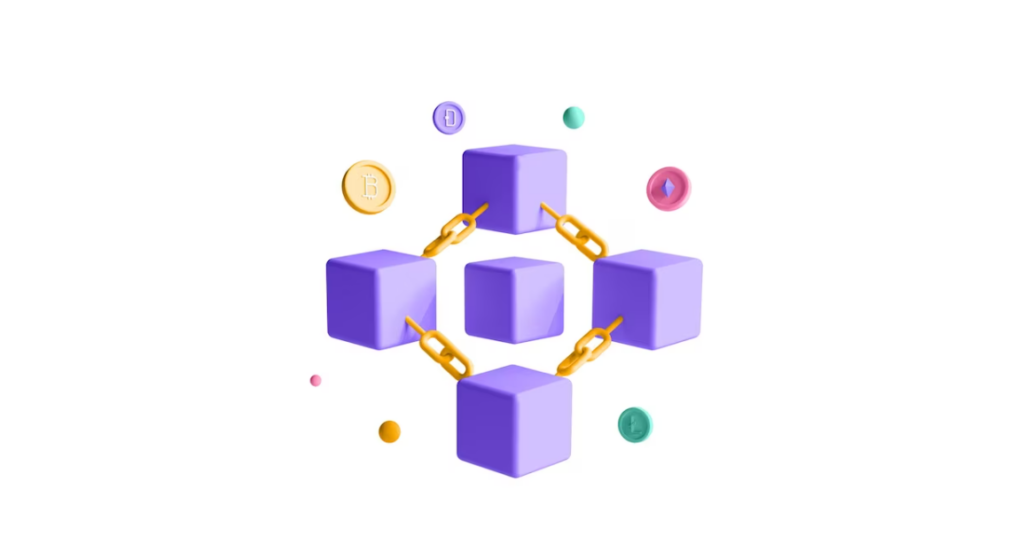 Purple blocks linked by golden chains, surrounded by floating cryptocurrency symbols