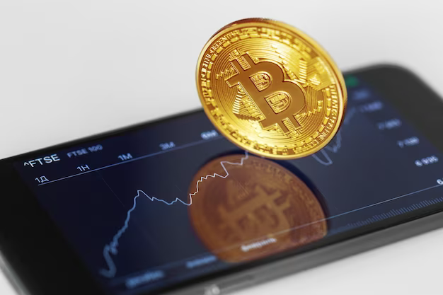 Bitcoin coin on phone with graph