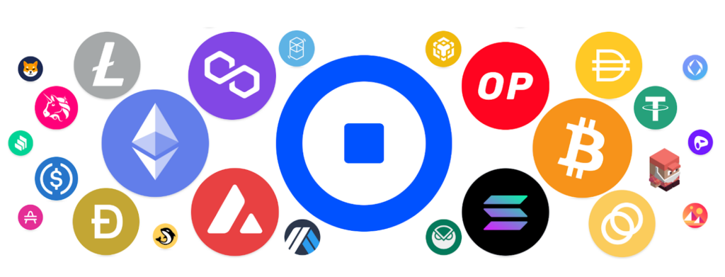 A vibrant array of cryptocurrency logos, centered around the large Coinbase 'C' logo