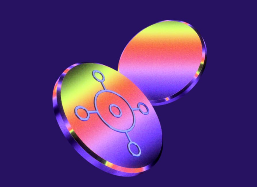 Two overlapping iridescent discs with a neon glow