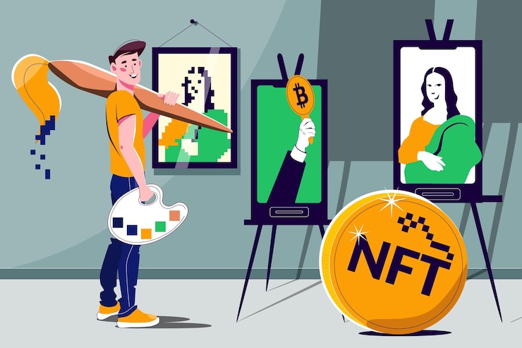 NFT tokens cryptocurrency flat composition artist standing next to his electronic: clipart