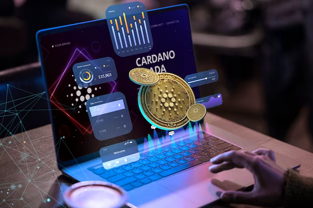 Hand on laptop keyboard with cryptocurrency exchange elements