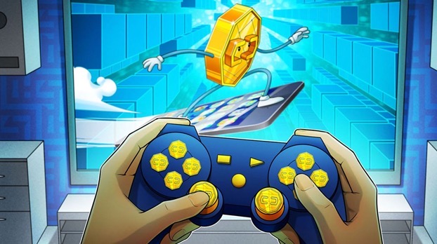 Hands holding a controller against the background of the NFT game