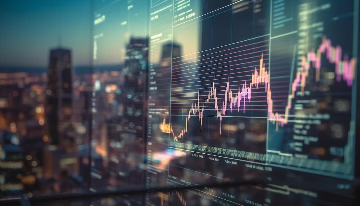 A blurred cityscape backdrop with glowing stock market charts