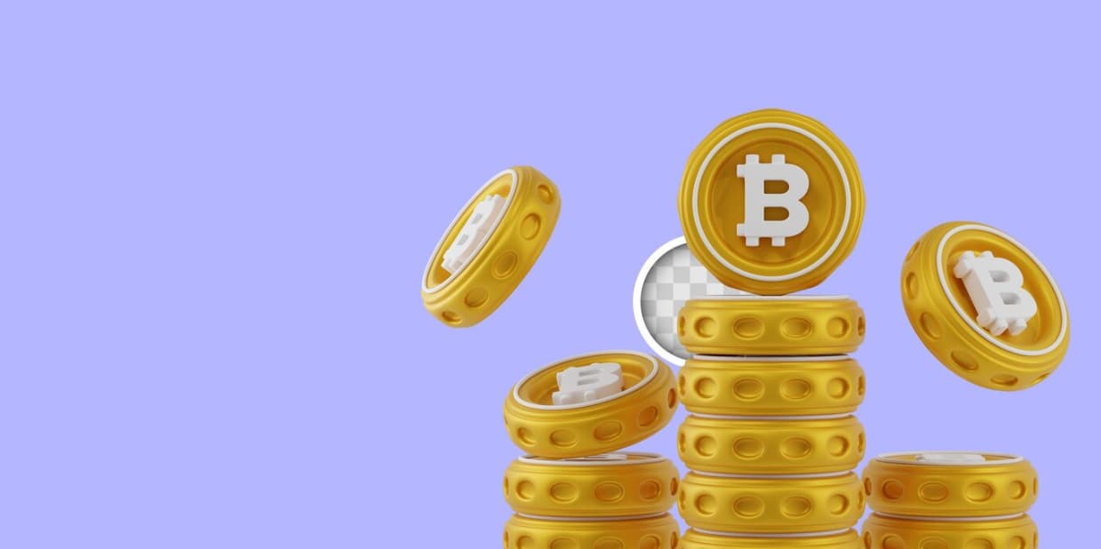 Golden Bitcoin coins stacked with one in mid-air on a purple background