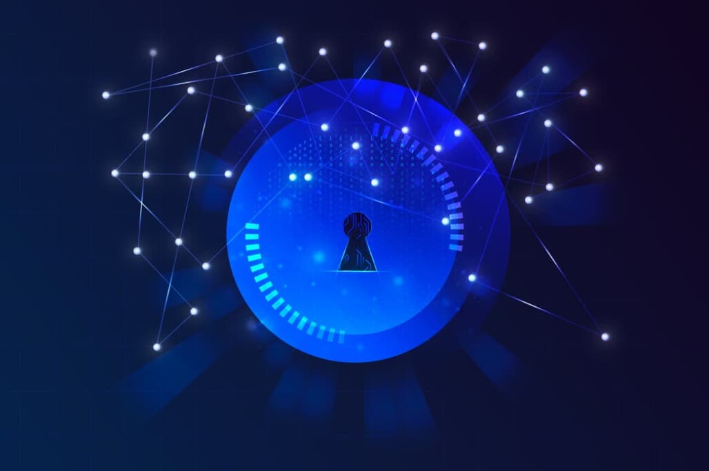 A digital key symbolizing secure encryption amidst a network on a blue background