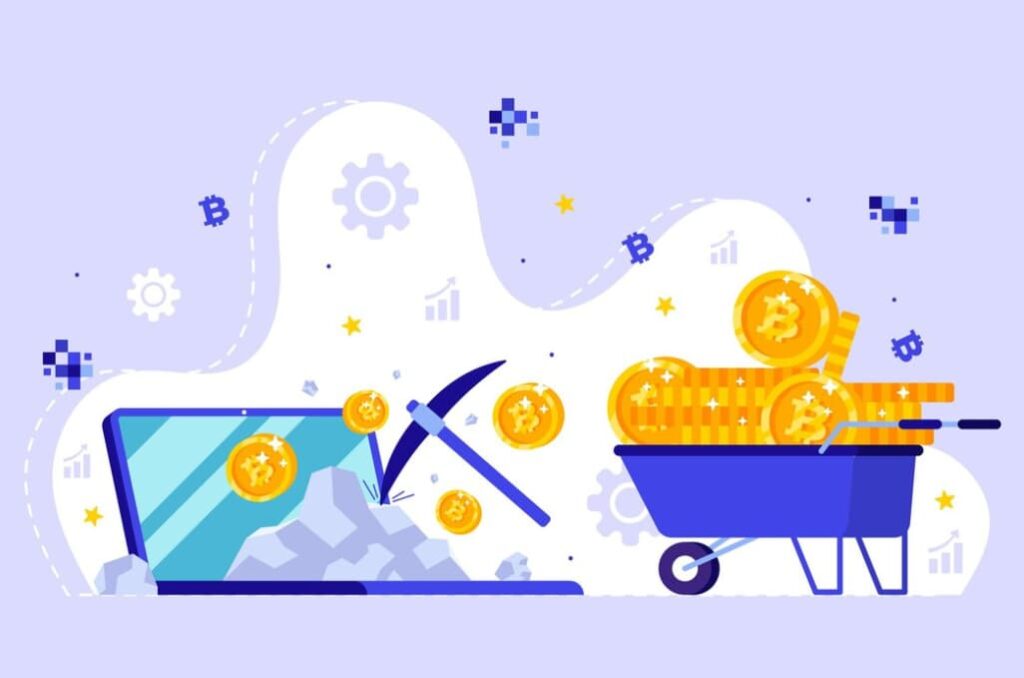 An illustration of Bitcoin mining with coins, pickaxe, and computer graphics