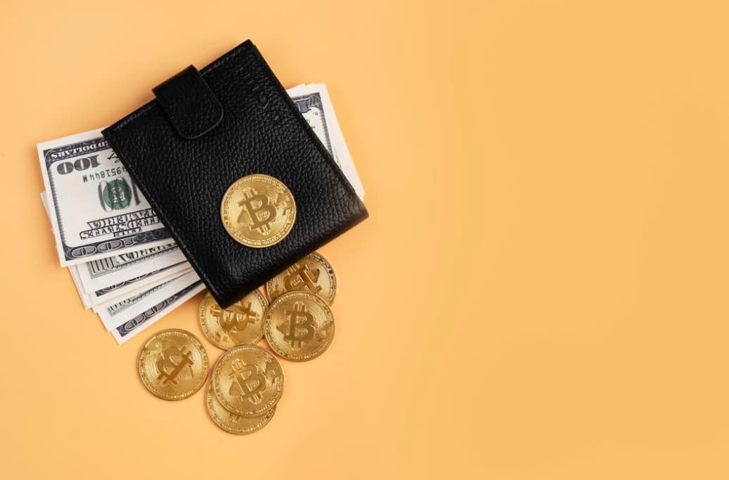black leather wallet, dollar bills, and bitcoins on a yellow plain background