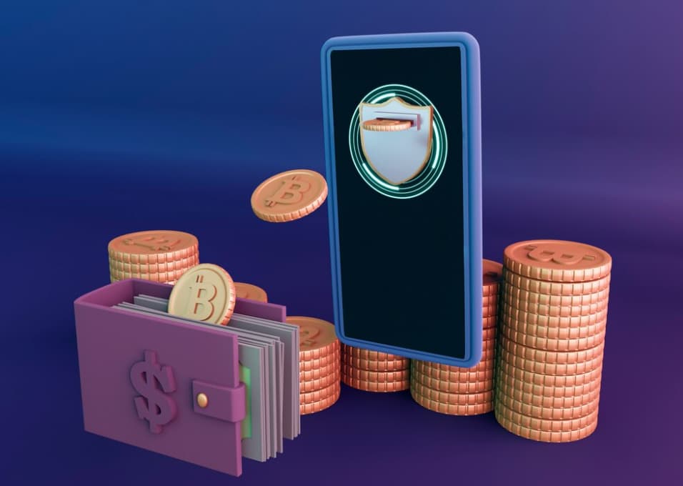 bitcoins over the purple wallet, stock of coins, and phone with security sign over it