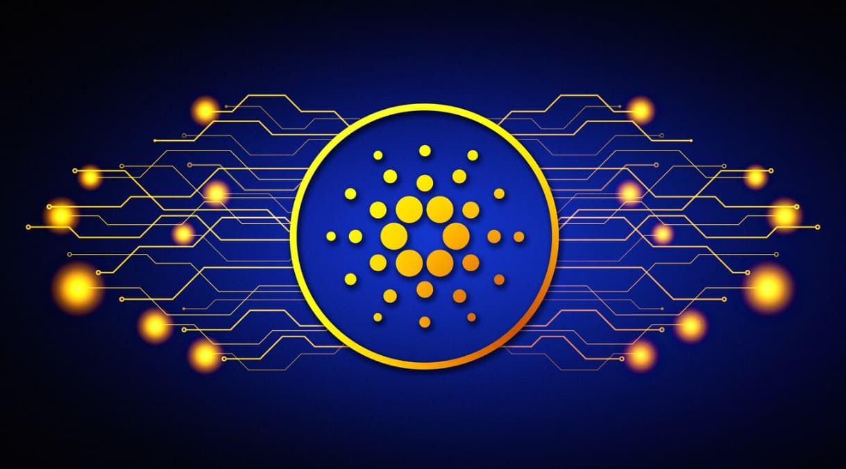 A stylized representation of a digital coin with circuitry and glowing nodes