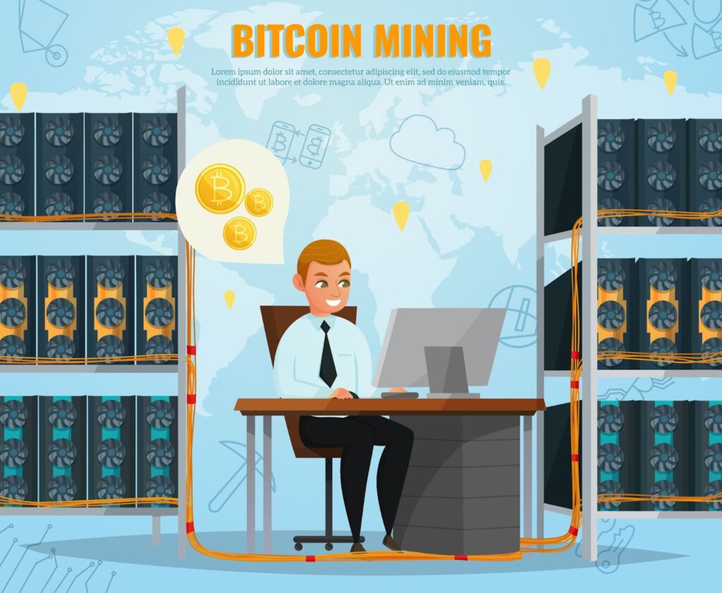 a man sitting in front of a computer mining
