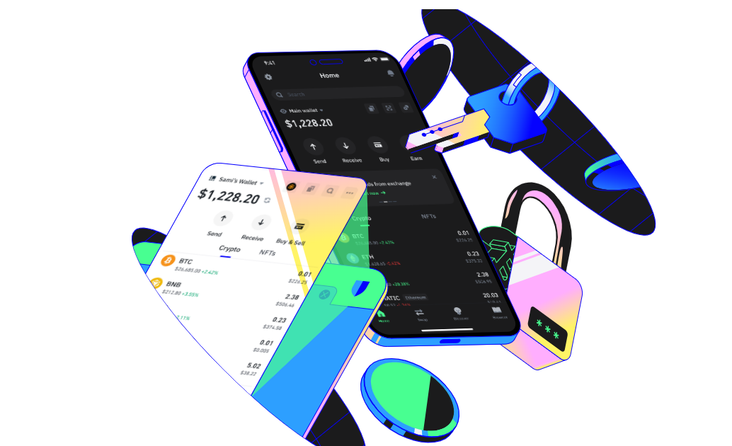 multiple smartphones floating in space, displaying cryptocurrency wallet interfaces