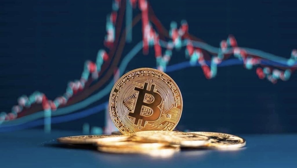 Bitcoin coins on the background of the chart